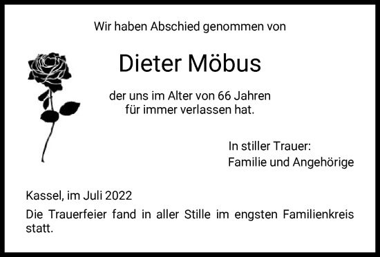 Todesanzeige von Dieter Möbus von HNA