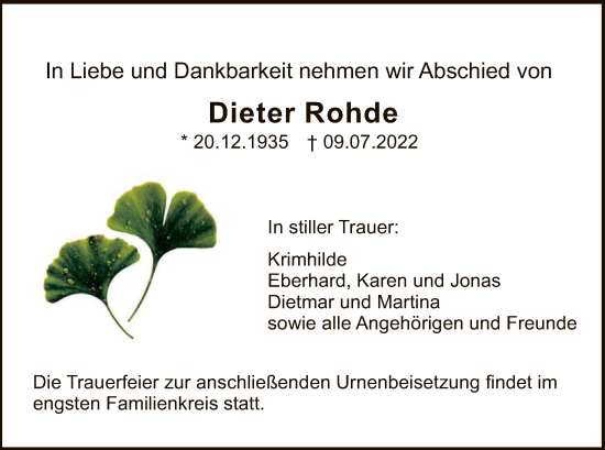 Todesanzeige von Dieter Rohde von HNA