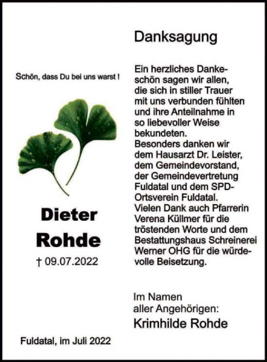 Todesanzeige von Dieter Rohde von HNA