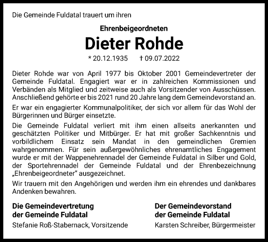 Todesanzeige von Dieter Rohde von HNA