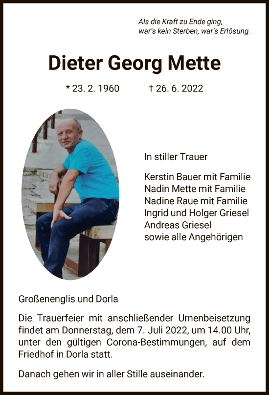 Todesanzeige von Dieter Georg Mette von HNA