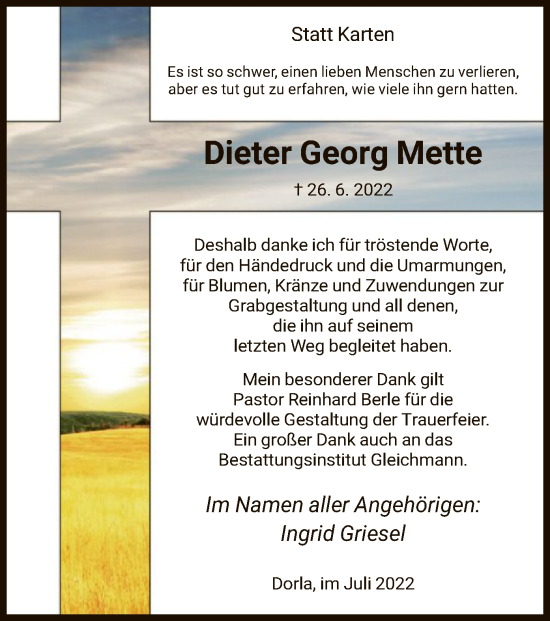 Todesanzeige von Dieter Georg Mette von HNA
