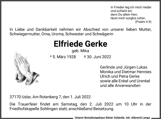 Todesanzeige von Elfriede Gerke von HNA