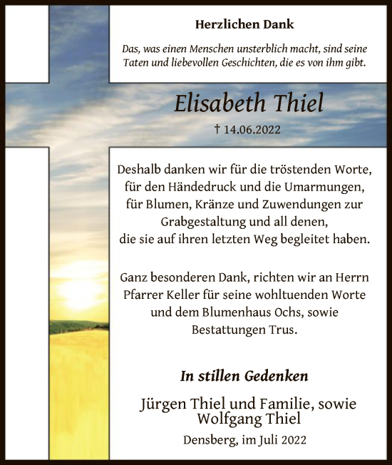 Todesanzeige von Elisabeth Thiel von HNA
