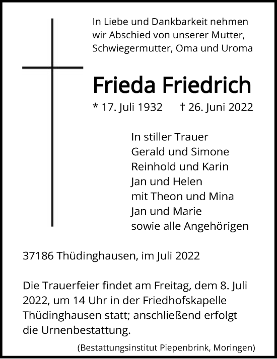 Todesanzeige von Frieda Friedrich von HNA
