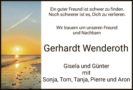 Todesanzeige von Gerhardt Wenderoth von HNA