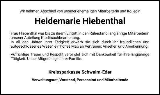 Todesanzeige von Heidemarie Hiebenthal von HNA