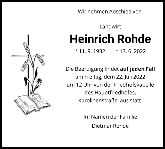 Todesanzeige von Heinrich Rohde von HNA