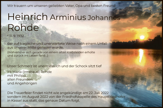 Todesanzeige von Heinrich Arminius Johannes Rohde von HNA