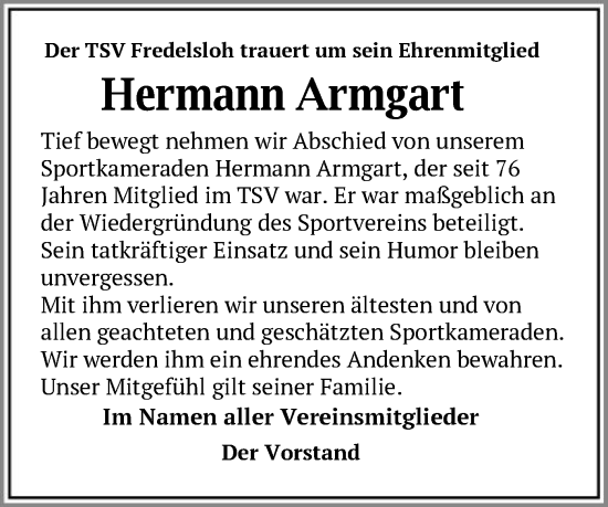 Todesanzeige von Hermann Armgart von HNA