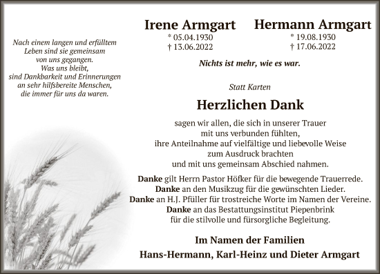 Todesanzeige von Irene und Hermann Armgart von HNA