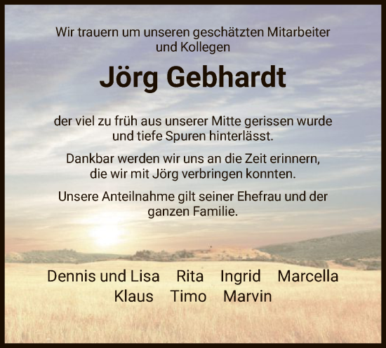 Todesanzeige von Jörg Gebhardt von HNA