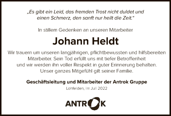 Todesanzeige von Johann Heldt von HNA