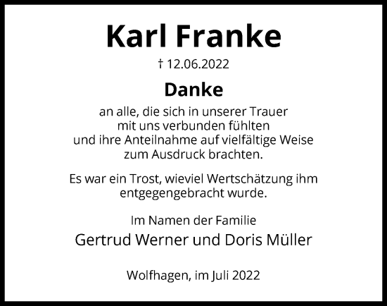 Todesanzeige von Karl Franke von HNA