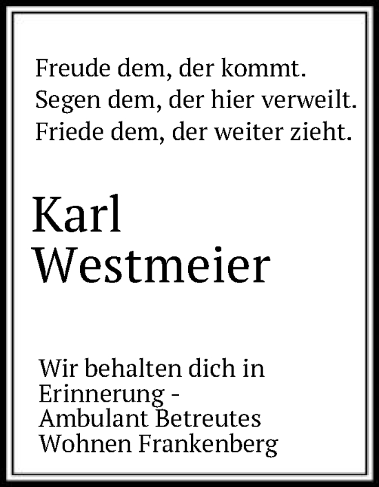 Todesanzeige von Karl Westmeier von HNA