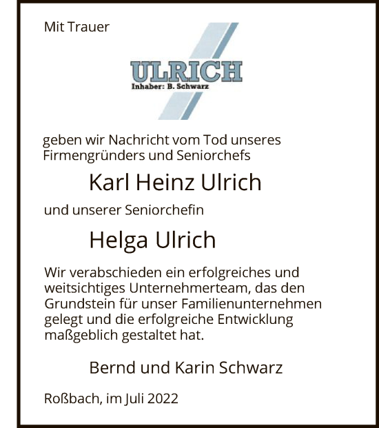 Todesanzeige von Karl Heinz und Helga Ulrich von HNA
