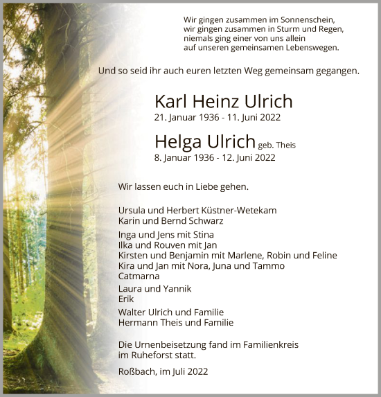 Todesanzeige von Karl Heinz und Helga Ulrich von HNA
