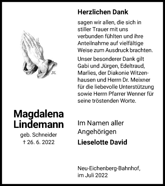 Todesanzeige von Magdalena Lindemann von HNA