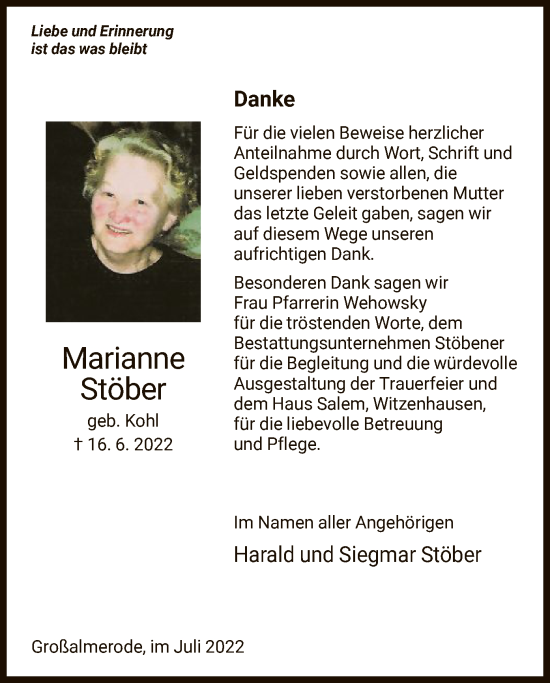 Todesanzeige von Marianne Stöber von HNA