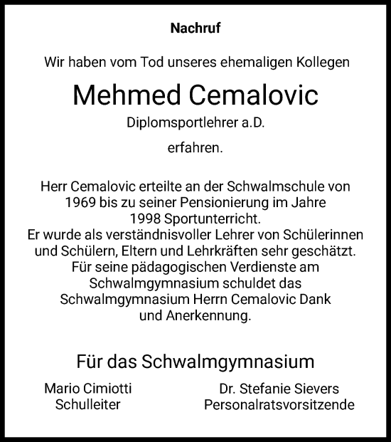 Todesanzeige von Mehmed Cemalovic von HNA