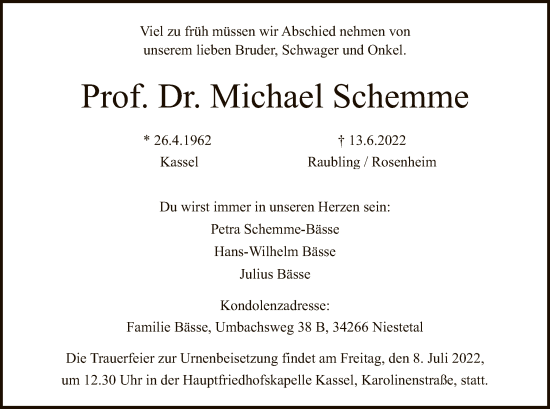 Todesanzeige von Michael Schemme von HNA