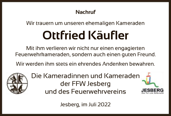 Todesanzeige von Ottfried Käufler von HNA
