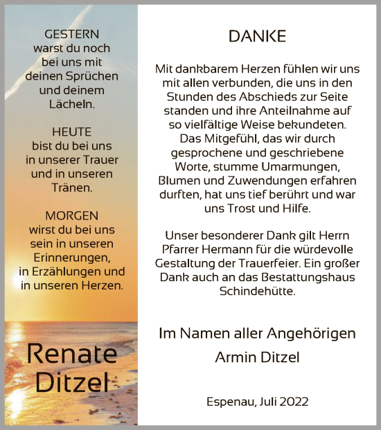 Todesanzeige von Renate Ditzel von HNA