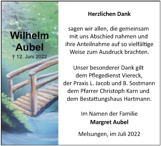 Todesanzeige von Wilhelm Aubel von HNA