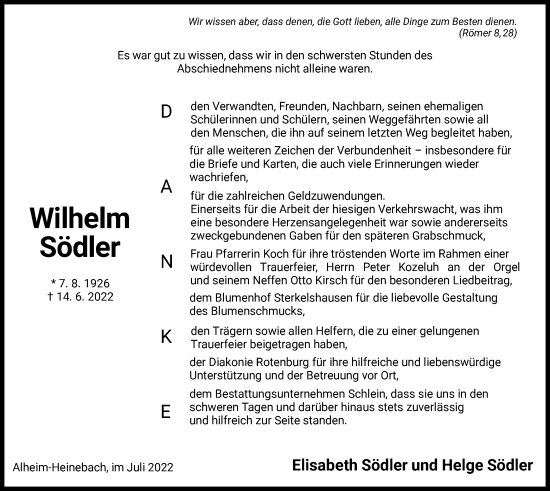 Todesanzeige von Wilhelm Södler von HNA
