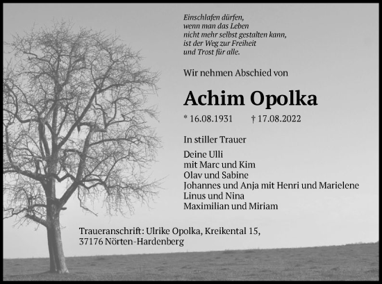 Todesanzeige von Achim Opolka von HNA