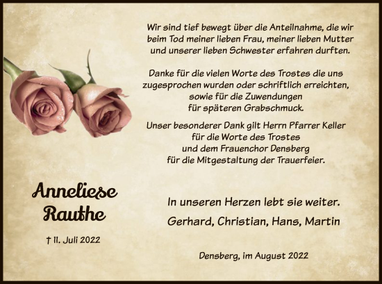 Todesanzeige von Anneliese Rauthe von HNA