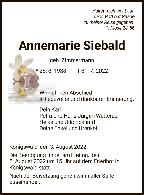 Todesanzeige von Annemarie Siebald von HNA