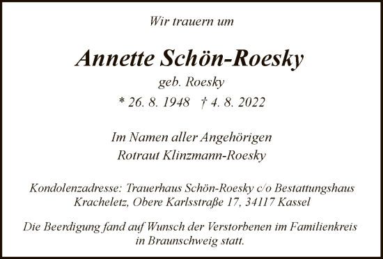 Todesanzeige von Annette Schön-Roesky von HNA