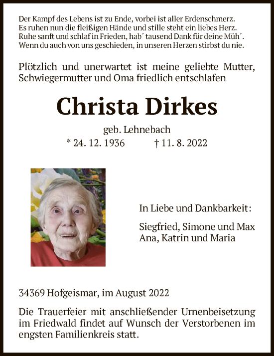 Todesanzeige von Christa Dirkes von HNA