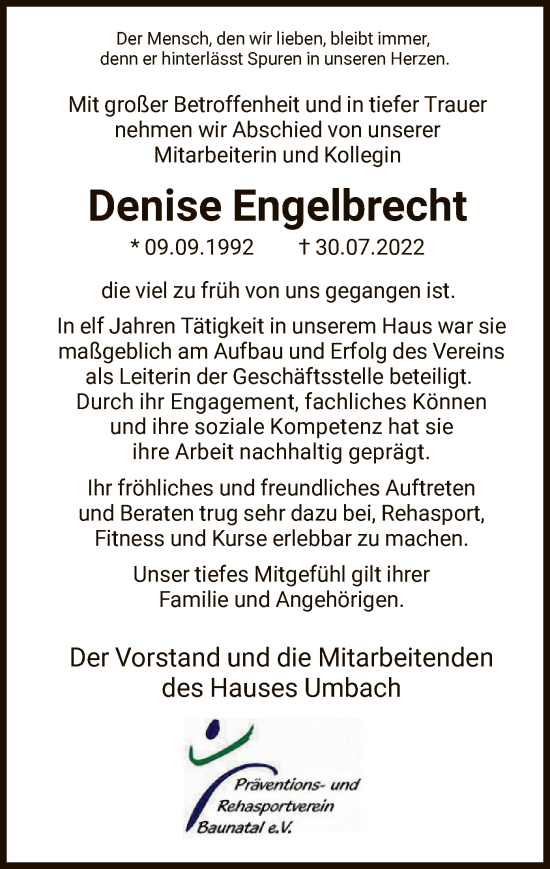 Todesanzeige von Denise Engelbrecht von HNA