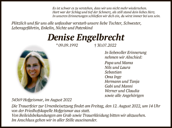 Todesanzeige von Denise Engelbrecht von HNA