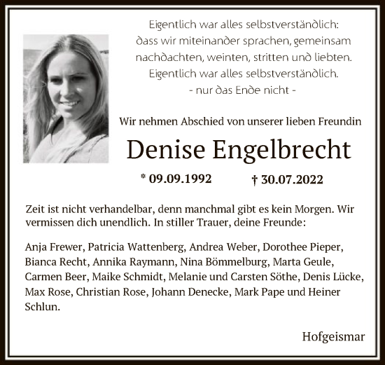 Todesanzeige von Denise Engelbrecht von HNA