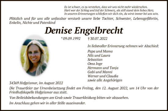 Todesanzeige von Denise Engelbrecht von HNA