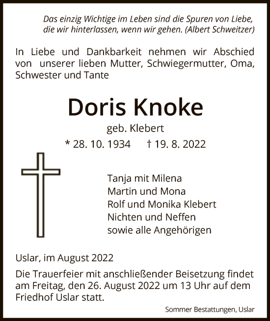 Todesanzeige von Doris Knoke von HNA