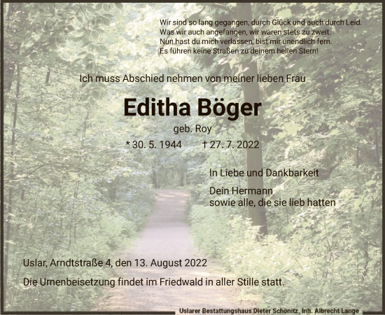 Todesanzeige von Editha Böger von HNA