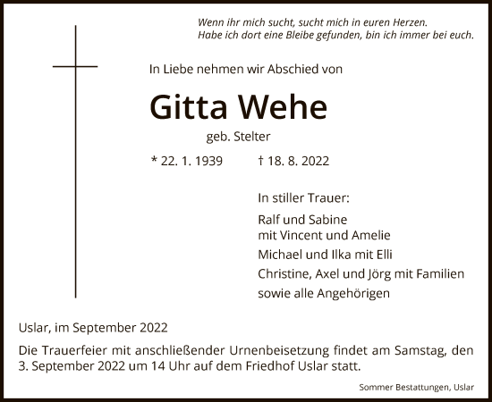 Todesanzeige von Gitta Wehe von HNA