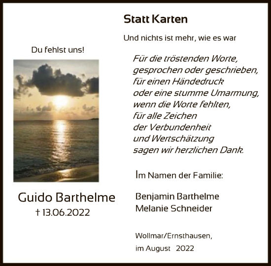 Todesanzeige von Guido Barthelme von HNA