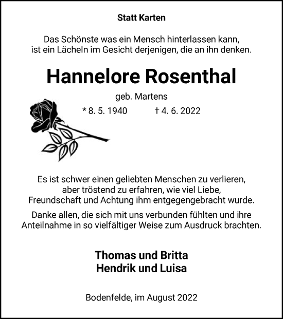 Todesanzeige von Hannelore Rosenthal von HNA