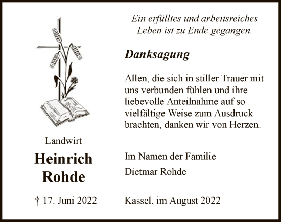 Todesanzeige von Heinrich Rohde von HNA