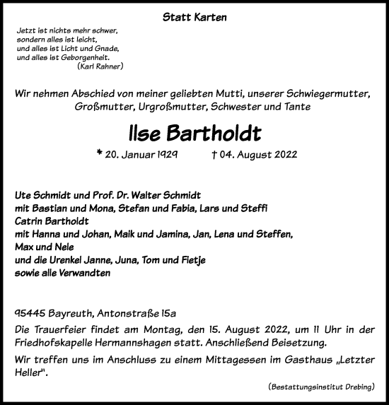 Todesanzeige von Ilse Bartholdt von HNA