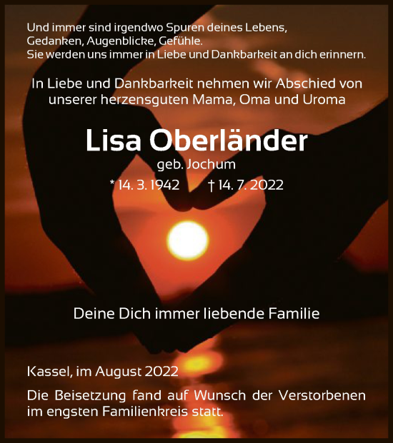 Todesanzeige von Lisa Oberländer von HNA