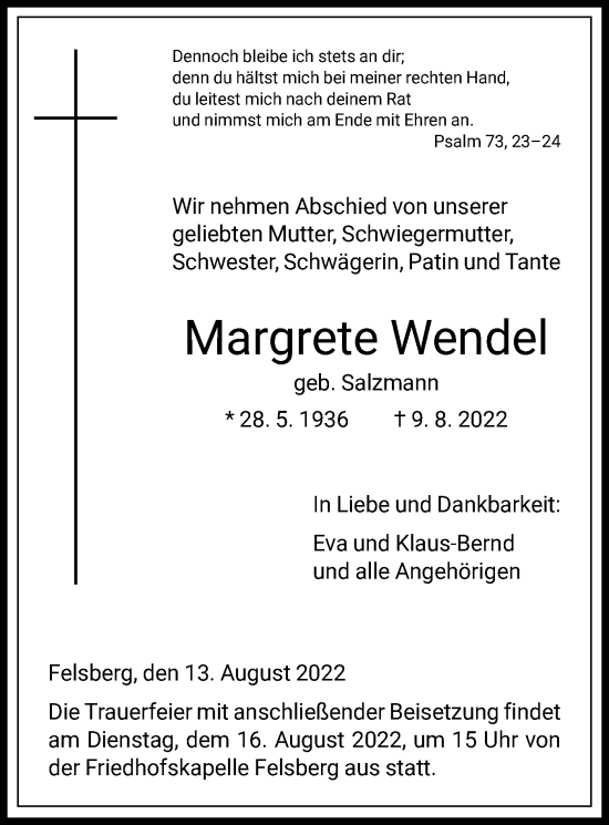 Todesanzeige von Margrete Wendel von HNA