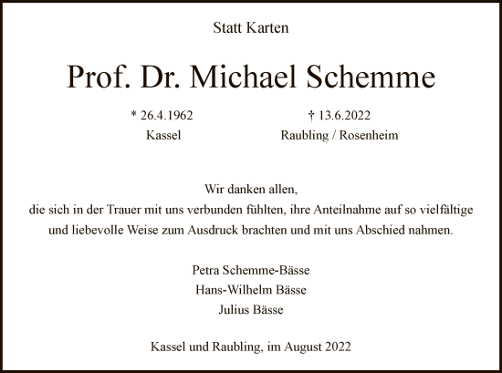 Todesanzeige von Michael Schemme von HNA