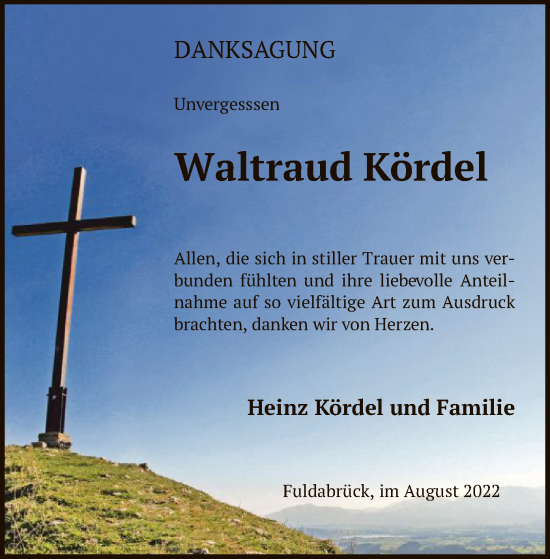 Todesanzeige von Waltraud Kördel von HNA