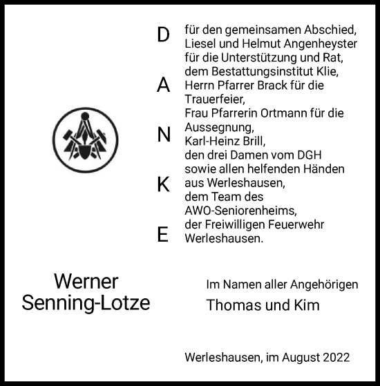 Todesanzeige von Werner Senning-Lotze von HNA